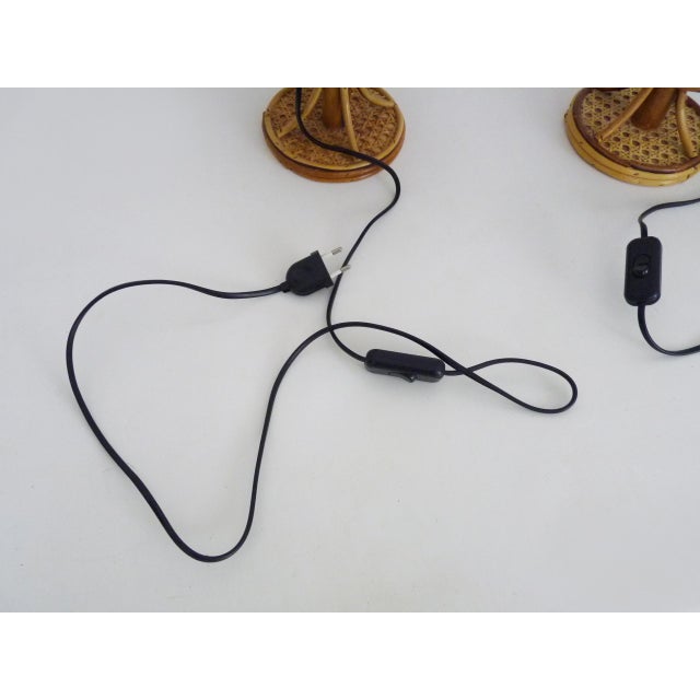 Wood Vintage Bamboo and Rattan Lamps with Caning, 1950s, Set of 2 For Sale - Image 7 of 8