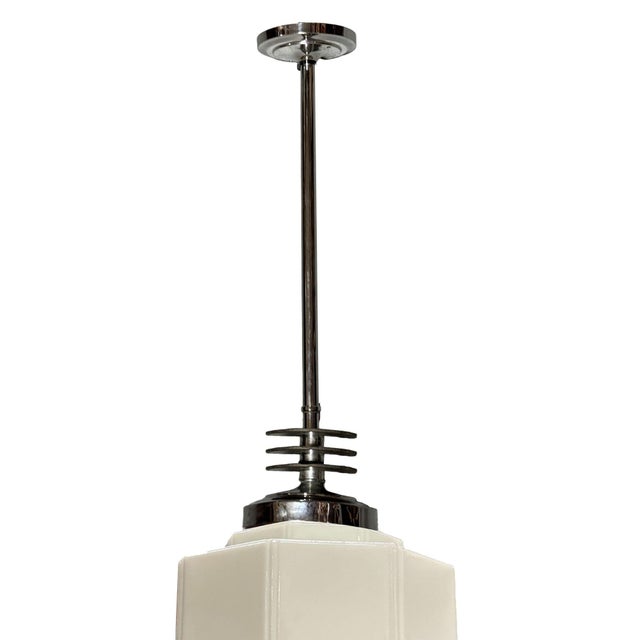 1930s 1930s Art Deco Chrome Streamline Pendant Light W/ Stepped Milk Glass Shade For Sale - Image 5 of 5