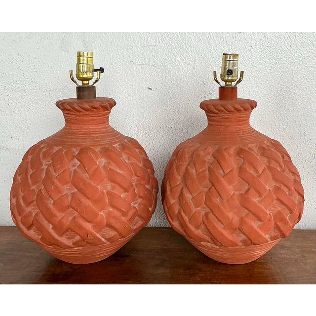Vintage Terracotta Faux Weave Lamps - A Pair For Sale - Image 9 of 12