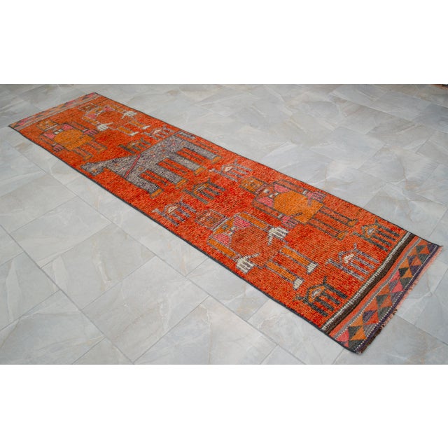 1970s Vintage Hand Knotted Turkish Rug Orange Gray Kitchen Runner 2x11 Rare Mythological Ancient Aliens Motif Rug For Sale - Image 6 of 12