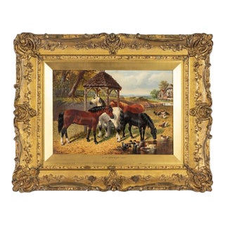 John Frederick Herring Jr. (British, 1815–1907), “Farmyard With Horses, Ducks and Roosters,” Oil on Canvas For Sale