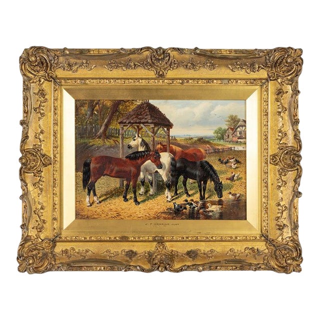 John Frederick Herring Jr. (British, 1815–1907), “Farmyard With Horses, Ducks and Roosters,” Oil on Canvas For Sale