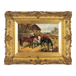 John Frederick Herring Jr. (British, 1815–1907), “Farmyard With Horses, Ducks and Roosters,” Oil on Canvas