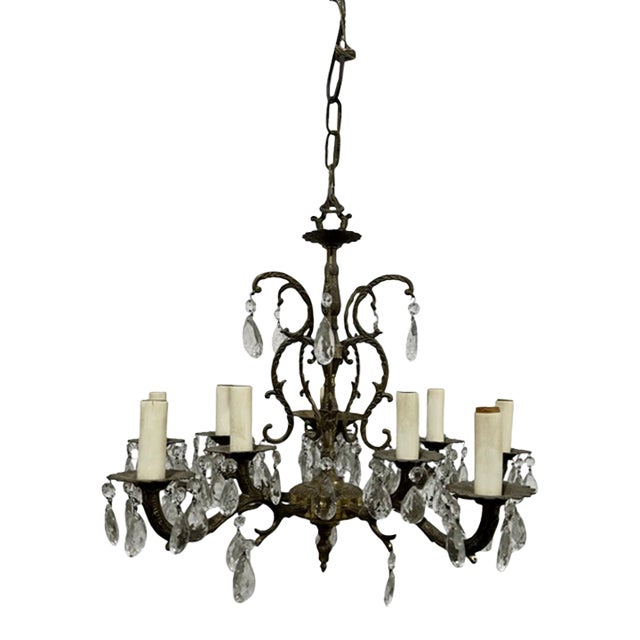 Vintage Spanish Revival Style Bronze & Crystal 10 Light Weird Chandelier For Sale