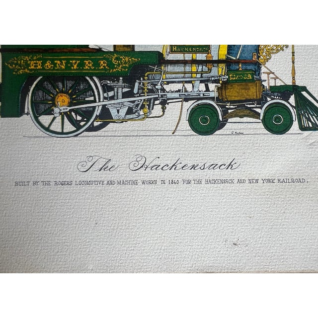 Historical locomotive illustration by Evelyn Cuero depicting The Hackensack, an early American steam engine built in 1860...