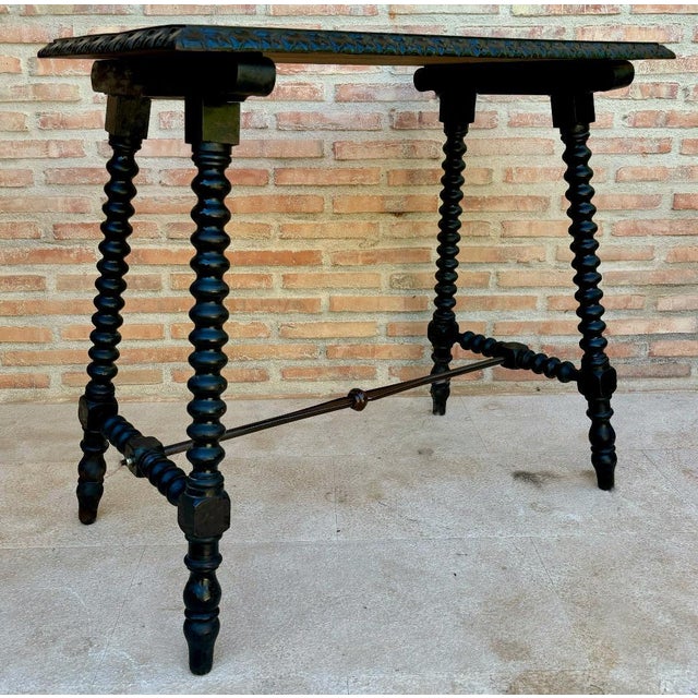 Baroque Early 20th Century Spanish Side Table with Turned Legs and Iron Stretcher, 1920s For Sale - Image 3 of 18