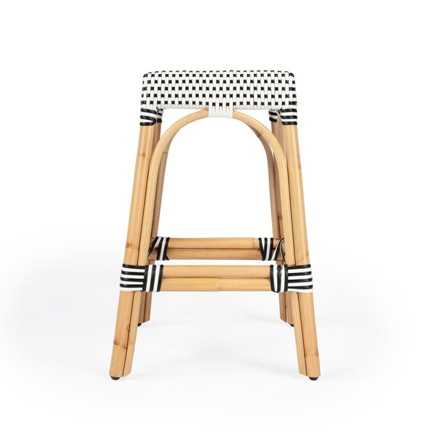 2020s Robias 24.5 in. Seat Height Rectangular Rattan Backless Counter Stool with Footrest, White/Black Dot/ Natural Rattan Frame For Sale - Image 5 of 8