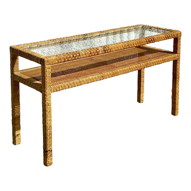 Vintage Coastal Woven Rattan Console Table For Sale