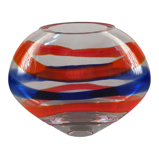 Stunning Italian Hand-Blown Art Glass Oval Shape Red & Blue Horizontal Bands Vase For Sale