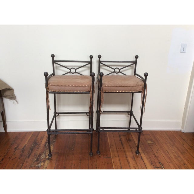 Western Themed Patinated Bar Stools A Pair Chairish