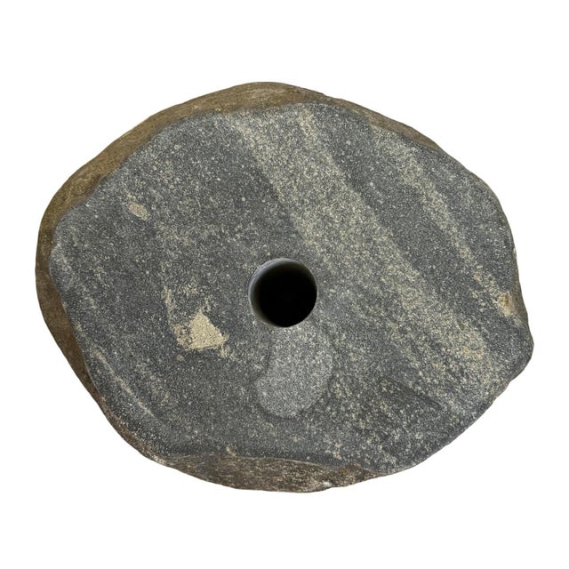 Solid heavy vintage stone boulder outdoor umbrella stand and stool / side table. Rustic organic modern piece. Each is...