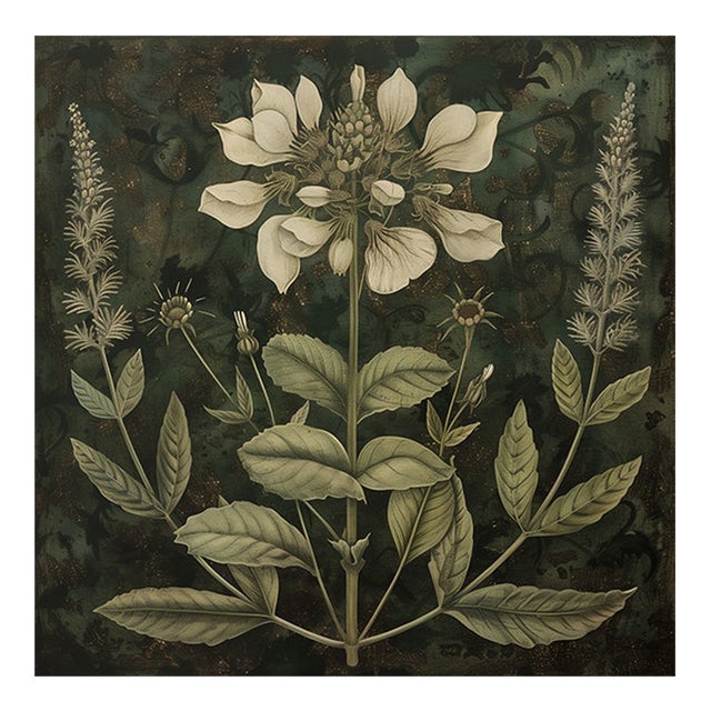 18" X 18" Original Botanical Fine Art Print - Dark Green Grisaille For Sale