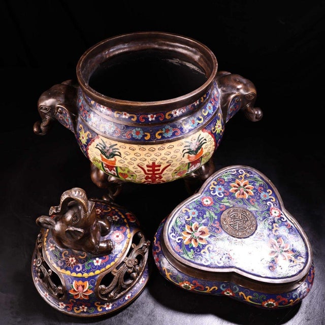 Late 20th Century Pair of Gilt Bronze Cloisonné Enamel Elephant Incense Burners For Sale - Image 4 of 9