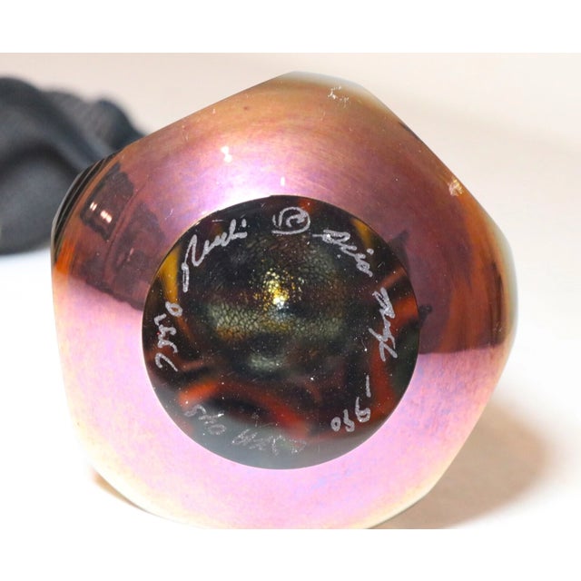 1990s Signed Hand Blown Studio Iridescent Art Glass Brass Perfume Bottle Atomizer Jar For Sale - Image 11 of 11