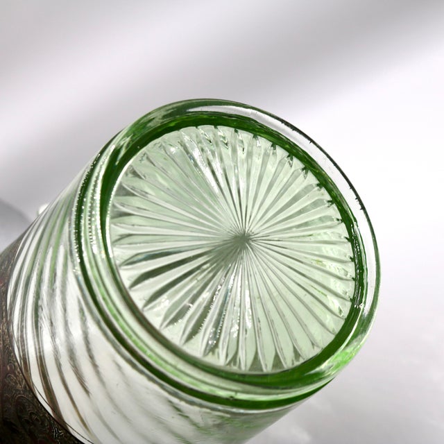 Metal 1930s Art Deco Green Uranium Glass Ice Bucket With Silver Overlay & Chrome Tongs - 2 Piece Set For Sale - Image 7 of 14