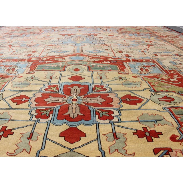 Very Large Serapi Rug With Medallion on a Cream Background Keivan Woven Arts 16'9"x28'8" For Sale - Image 9 of 12