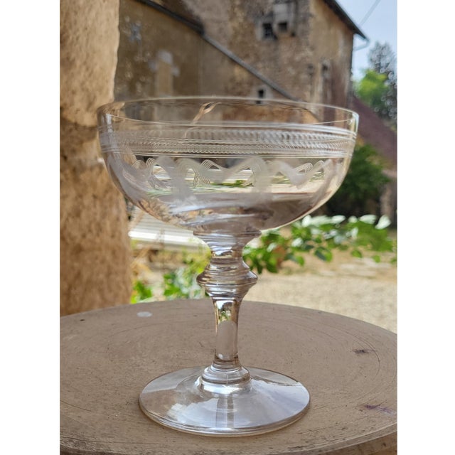 Glass Engraved Crystal Champagne Coupes, 19th Century, 1890s, Set of 8 For Sale - Image 7 of 12