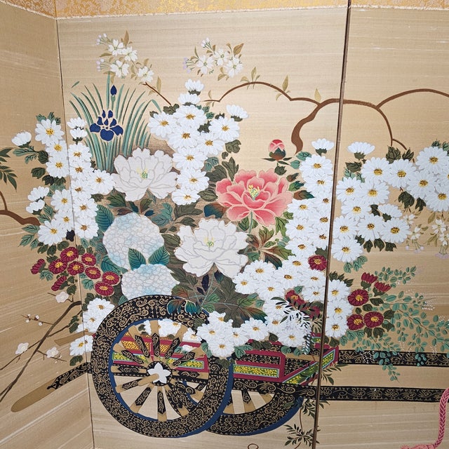 Mid 20th Century Japanese Showa Byobu Screen Divider "Flower Cart" Four Panel Japan 71"l For Sale - Image 5 of 10