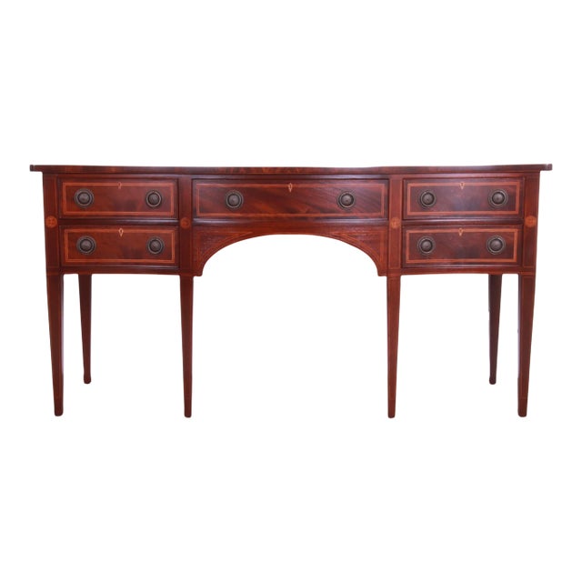 Baker Furniture Hepplewhite Flame Mahogany and Inlaid Satinwood Sideboard, Newly Refinished For Sale