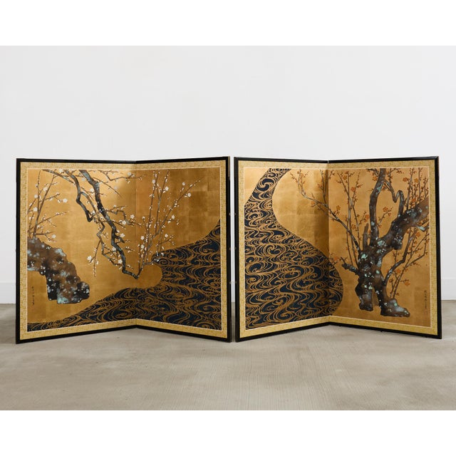 Japanese Pair of Red and White Plum Blossom Screens After Ogata Korin For Sale - Image 3 of 12