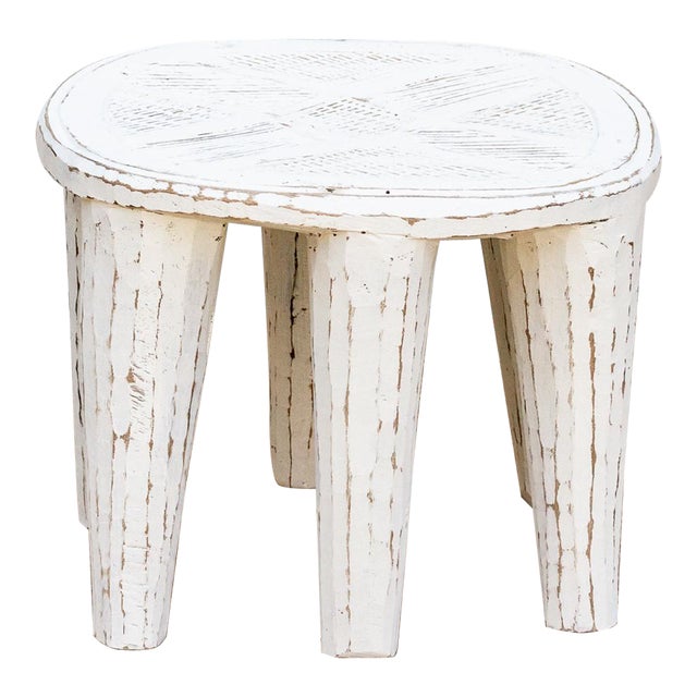 Coastal White Carved Nupe Stool For Sale