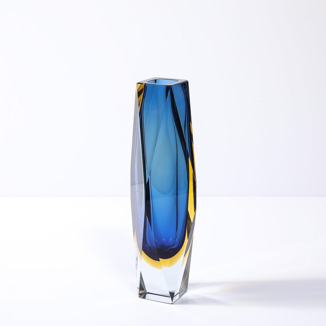 Mid-Century Mandruzzato Faceted Murano Glass Vase in Citrine and Smoked Cerulean For Sale - Image 10 of 18