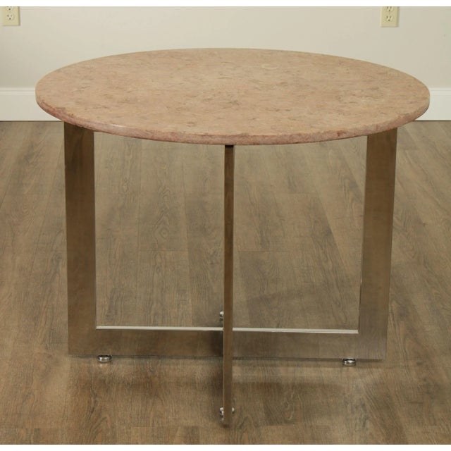 1970s Mid Century Modern Chrome Base 36" Round Marble Top Side Table For Sale - Image 5 of 12