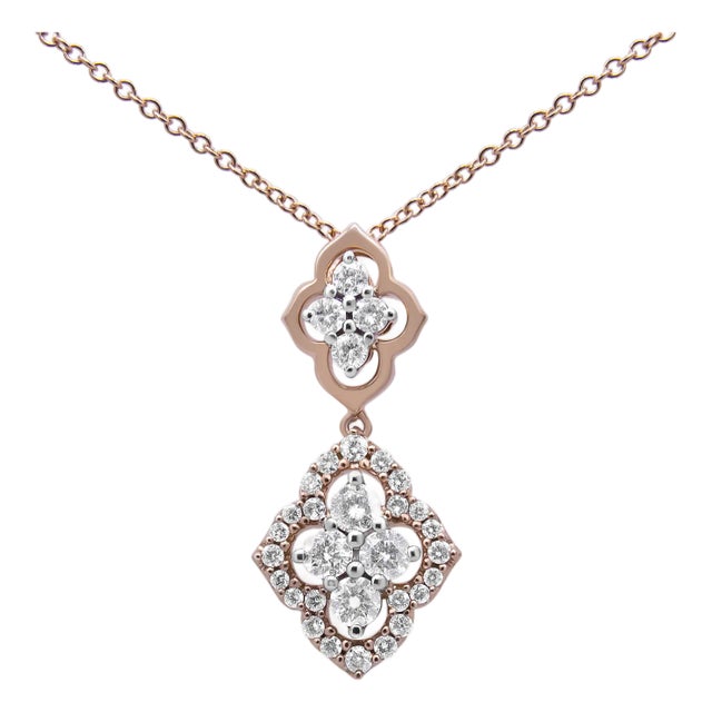 14K Rose Gold 3/4 Cttw Round Diamond Double Quatrefoil Pendant Necklace For Sale