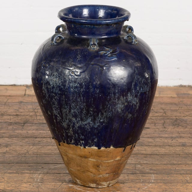 Blue Large Antique 19th Century Thai Cobalt Blue Martaban Jar with Dragon Motif For Sale - Image 8 of 13