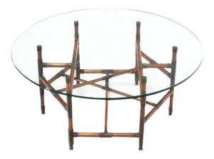 Copper Pipe and Fitting Sculpture Base Round Glass Top Coffee Table