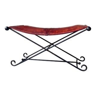 Iron and Leather Sling Bench For Sale