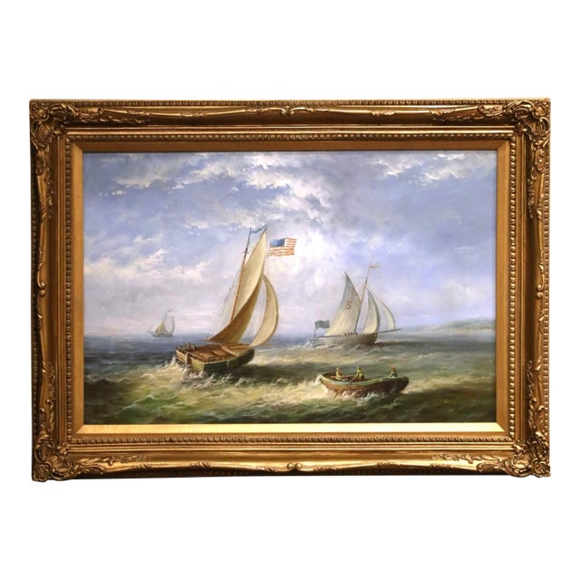 Mid-Century American Marine Oil Painting of Sailing Vessels Signed C. Parker For Sale
