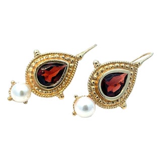 Vintage 14k Yellow Gold Garnet & Pearl Drop Earrings, A Pair For Sale