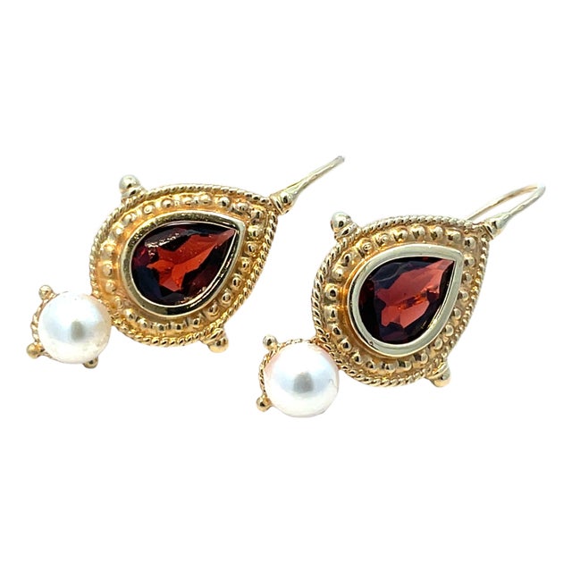 Vintage 14k Yellow Gold Garnet & Pearl Drop Earrings, A Pair For Sale