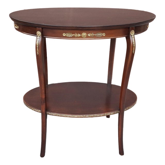 Early 20th C. Refinished French Regency Mahogany Tiered Tea Side Table With Brass Accents For Sale