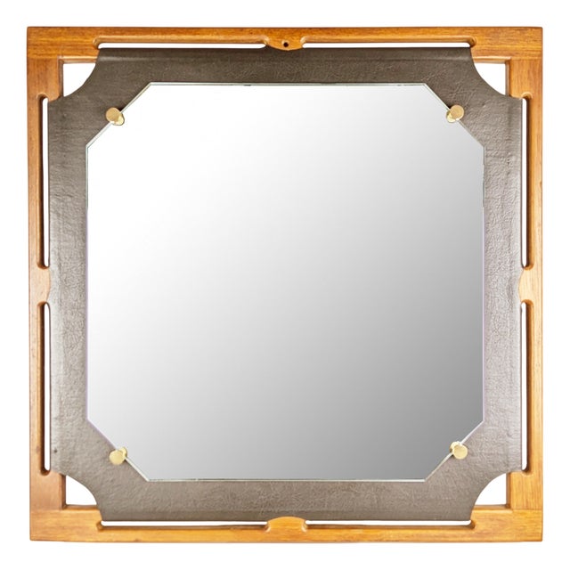 Italian Teakwood & Black Skai Wall Mirror, 1960s For Sale