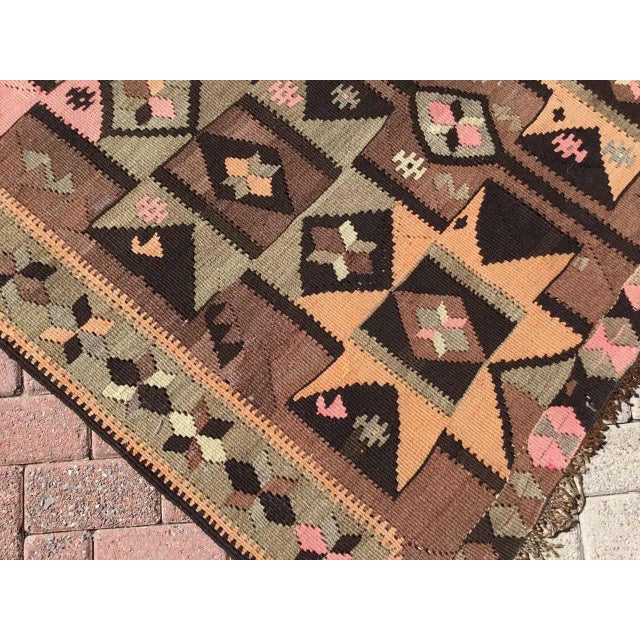 Vintage Brown Turkish Kilim Rug - 55" X137" For Sale - Image 9 of 11