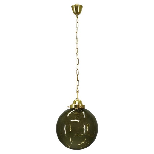 Czech Smoked Glass Globe and Brass Pendant Light, 1970s For Sale - Image 11 of 11