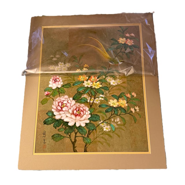 Chinoiserie Original Chinese Floral Painting With Birds, Signed, Custom Mat For Sale - Image 3 of 12