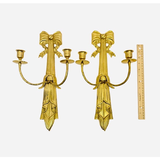 Metal VTG Solid Brass 16.5” Tall Tassel & Bow Wall Sconces Double Arm (Pair). For Sale - Image 7 of 7