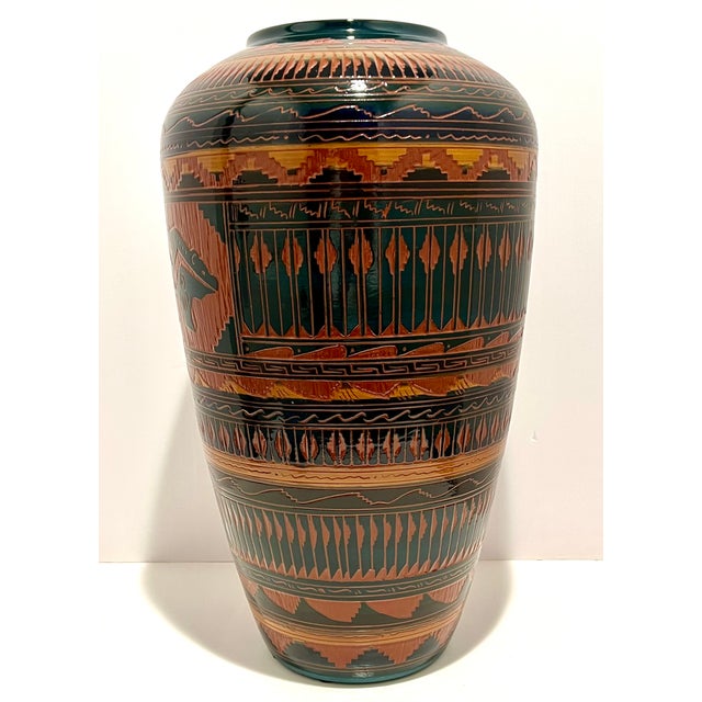 Large Signed W. Johnson Navajo Carved Art Pottery Floor Vase A monumental hand-carved Navajo studio art pottery vessel...
