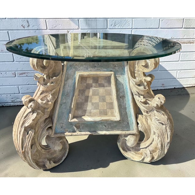 French Antique 17th C Louis XIV Venetian Painted Glass Top Side Table For Sale - Image 3 of 4