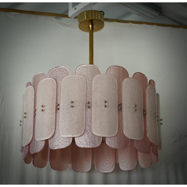 Mid-Century Round Pink Murano Glass and Brass Chandelier For Sale - Image 9 of 11