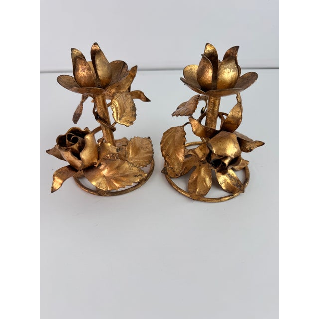Hollywood Regency Italian Tole Gilt Rose Candleholders, a Pair For Sale - Image 3 of 9