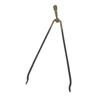 Antique 18th Century Wrought Iron Turned Brass English Fireplace Tongs Tool 1 For Sale