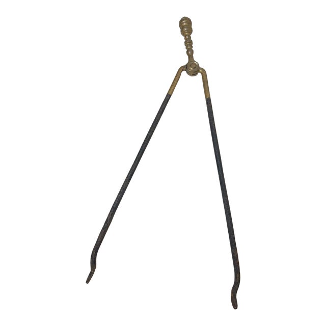 Antique 18th Century Wrought Iron Turned Brass English Fireplace Tongs Tool 1 For Sale