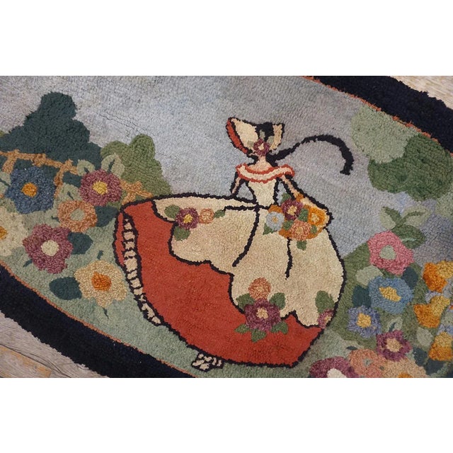 Notable Oval Sky Blue Color, With a Lady and Unique Floral Design Antique American Hooked Rug For Sale In New York - Image 6 of 10