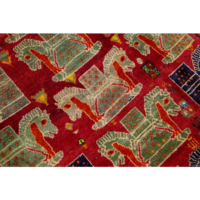 Textile 4 X 8 Vintage Persian Shiraz Pictorial Wool Rug in Red For Sale - Image 7 of 9