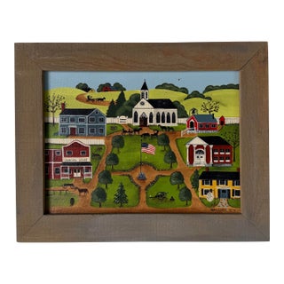 1985 Nancy Lucek Folk Art Village Landscape Oil Painting on Canvas, Framed For Sale