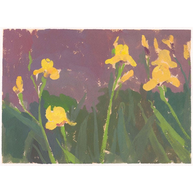 "Yellow Irises” is an original painting, studied from life in spring. The painting is ready to hang in a natural walnut...